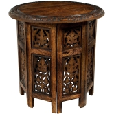 Jaipur Solid Wood Hand Carved Accent Coffee Table - 18 Inch Round Top x 18 Inch High - Antique Brown handmade table