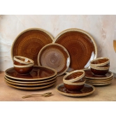 Bodhi House Ceramic Dinner Set, 18 Pieces, Handcrafted Reactive Glaze Dinnerware, Stoneware Dining Sets Serving for 6, Microwave, Dishwasher Safe, Glossy Finish Crockery Set for Gifting, Peanut Brown