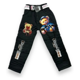 Kids Black Teddy Printed Cotton Jeans - None