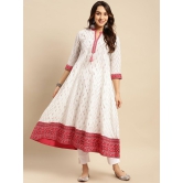 Rangita Women 100% Cotton Off White Contrast Placket Ikat Printed Calf Length Anarkali Kurti - None