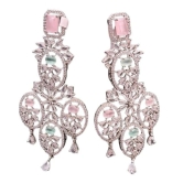 American Diamond Earrings with Green and Pink Stones