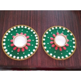 Exquisite Handcrafted Green and Red Pearl Diya Set