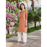 Rangita Women Cotton Peach Printed Knee Length Straight Kurti - None