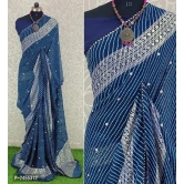 Georgette Striped Printed Sarees with Blouse-Blue