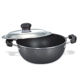 Prestige Omega Select Plus Aluminium Flat Base Non Stick Coating Kadai with SS Lid, 25 Cm (Black)