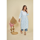 Cotton Chikankari Linen kurti- Blue-Blue / XXL