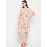 Floral Printed Puff Sleeves Fringed Layered Fit & Flare Dress