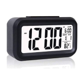 Plastic Digital Smart Backlight Battery Operated Alarm Table Clock with Automatic Sensor, Date and Temperature (Black)