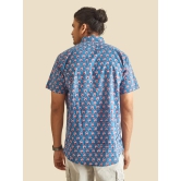 Blue Floral Block Printed Halfsleeves Cotton Shirt-XL