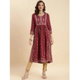 Rangita Women Rayon Maroon Yoke Embroidered Calf Length Nayra Style Kurti - None