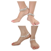 AanyaCentric Combo of 2 Pair Silver Plated White Metal Indian Traditional Ethnic Payal Anklets - Silver