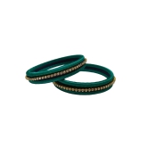 Green Silk Thread Bangle Set with Rhinestone and Black Beads