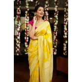 Pure Georgette Silk Banarasi Saree  in Yellow with Rose Jaal Weave in Silver Tone Zari | SILK MARK CERTIFIED