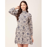 Moomaya Women Printed Cotton Dress Ruffled Collar Cuffed Sleeves Belted Mini Dress