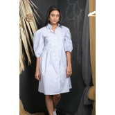 OWO THE LABEL Cotton Dress For Women party wear Knee Length Dress With Collar And Puff Sleeves (OTL-DRS1050)-Blue / M