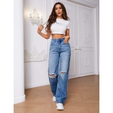 High Waist Knee Cut Jeans - Medium Blue-34