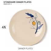 Bodhi House Handpainted Stoneware Ceramic Dinner Plates, 4 Pieces Serving for 4, Microwave and Dishwasher Safe, Bone-ash Free, Full Plate Set Crockery for Dining and Gifting, Feather White