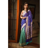 Blue and Turquoise blue Half and Half Exquisite Bandhni Saree with Jaal zari and Sarkam Bandhej | SILK MARK CERTIFIED