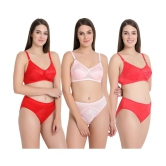 KYODO Pink Lycra Bra and Panty Set - Pack of 3 - None