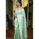 Unique Scalloped Borders Pure Brocade Banarasi Katan Silk Saree in Pastel Sea Green | SILK MARK CERTIFIED