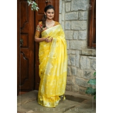 Authentic Bandini - Shibori on Pure Linen by Linen Saree with Zari Border in Sunflower Yellow