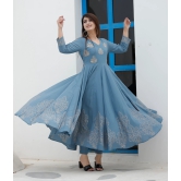 Steel Blue Hand Block Printed Anarkali Set Blue M