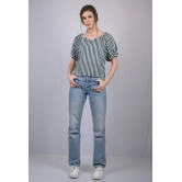 White and Green Striped Relaxed Fit V-Neckline Top (OTL-TPS1020)-Blue / S