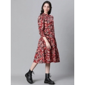 Oxolloxo Floral Printed Mandarin Collar Puff Sleeves Pure Cotton Shirt Midi Dress