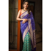 Blue and Turquoise blue Half and Half Exquisite Bandhni Saree with Jaal zari and Sarkam Bandhej | SILK MARK CERTIFIED