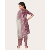 Kid Girls Embroidered Cotton Printed Full stitched Nayara Cut Kurtis with Bottom Dupatta set-Purple / 8 - 9 Years