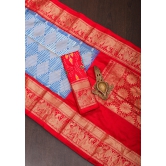 Blue and White Base Ikkat Optical Illusion Design Patola with Kanjivaram Pure Silk Fusion Saree and contrast Red Border | SILK MARK CERTIFIED