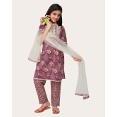 Kid Girls Embroidered Cotton Printed Full stitched Nayara Cut Kurtis with Bottom Dupatta set-Purple / 8 - 9 Years