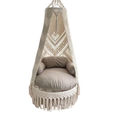 Premium Luxury Macrame Swing Hammock with Cushion-Ivory and Grey