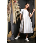 OWO THE LABEL Stripe Print Women Dress Dungaree Style Striped Dress (OTL-DRS1090)-White / XL