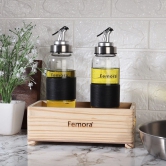 Femora Borosilicate Glass Oil Bottle, 500 ML,2pcs, in Wooden Tray for Kitchen