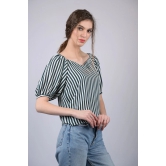 White and Green Striped Relaxed Fit V-Neckline Top (OTL-TPS1020)-Blue / S