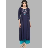 Women Navy Blue & Pink Floral Yoke Design Thread Work Anarkali Kurta