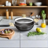 Bergner Bellini Aura Non Stick Kadai with Glass Lid | Gas & Induction Compatible | Black 3.6 Litre