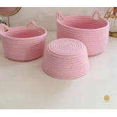 Cat Shape Rope Woven Storage Organiser Basket Set of 3-Pink