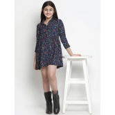 Oxolloxo Girls Navy Blue Floral Satin Shirt Dress