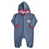 Midnight Blue Hoody Full Romper/Sleeper with Feet and Crab Anchor Printed Hood(100% Cotton)