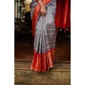 Gray Korvai Kanjivaram Pure Silk Saree with zari Stripes & wide Zari Border  | SILK MARK CERTIFIED