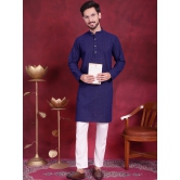 Mens Chikankari Embroidered Kurta Pyjama Set-L / Navy-Blue