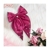 Lykaa Large Satin Hair Bow with Pearls Longtail Clips Hair Accessories for Women -1 Pcs (Multicolor) - Magenta