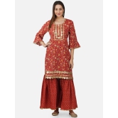 Women Floral Printed Sequinned Bell Sleeve Pure Cotton Kurta with Sharara