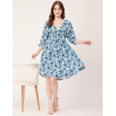 Moomaya Printed Quarter Sleeves Short Dress, Knee Length Flared Hem Summer Dress