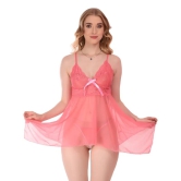 Jomferry Women Spandex Net Above Knee Babydoll Lingerie, Honeymoon Nighty Pink Color.-M