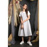 OWO THE LABEL Stripe Print Women Dress Dungaree Style Striped Dress (OTL-DRS1090)-White / XL