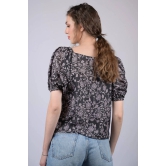 Black Floral Printed V-Neck Puff Sleeve Top (OTL-TPS1011)-Black / M