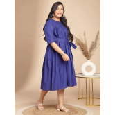 Janasya Cotton Blend Solid Midi Womens Fit & Flare Dress - Blue ( Pack of 1 ) - None